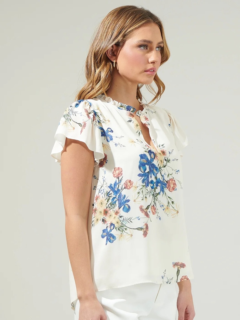 Sugar Lips Floral Flutter Sleeve Blouse - White with Blue Floral Print
